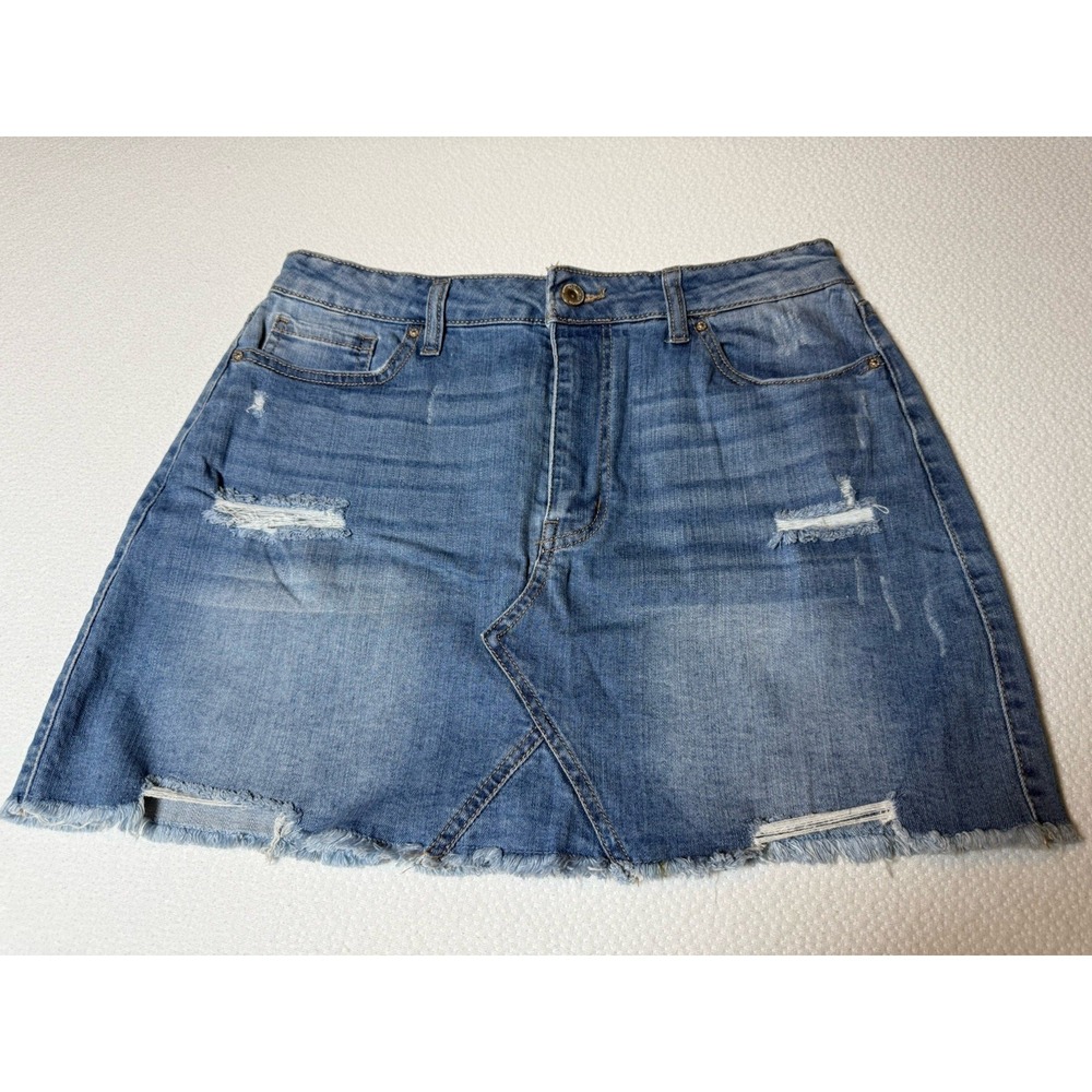 Wax Jean Denim Skirt‎ Womens Size L Distressed Raw Hem Blue Mini Skirt